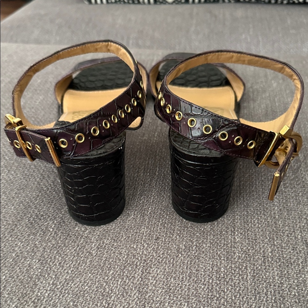 Salvatore Ferragamo Black and Purple Embossed Sandals - Picture 3 of 12